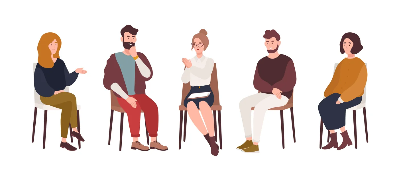 Illustration: Fünf Personen in einer Gruppendiskussion