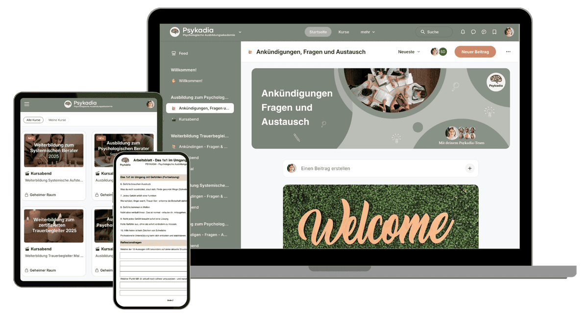 Psykadia Online Campus – Kursplattform auf Laptop und Smartphone