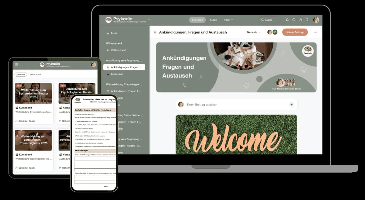 Psykadia Online Campus – Kursplattform auf Laptop und Smartphone
