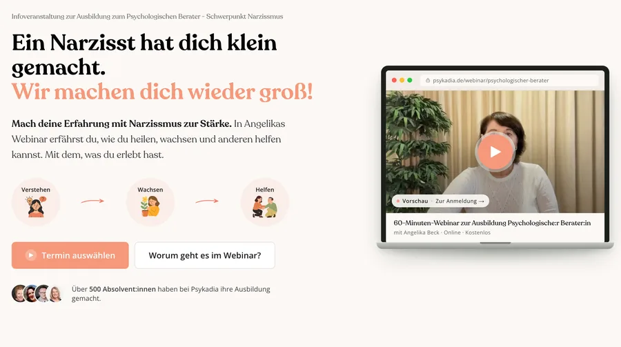 Screenshot der Webinar-Anmeldeseite mit Video auf psykadia.de